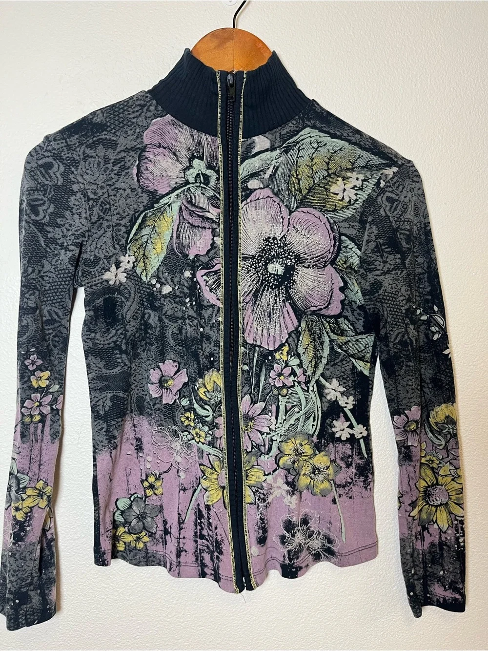 Vanilla Sugar Y2K Black & Lavender Sunflower Floral Rhinestone Zip-Front Jacket